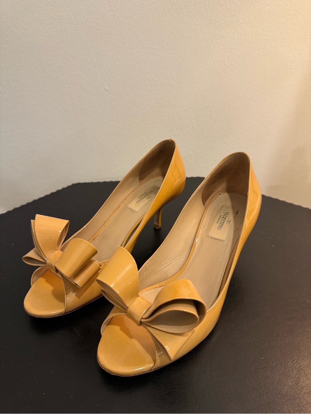 Valentino Garavani Canary Patent Peep-Toe Pumps with Bow